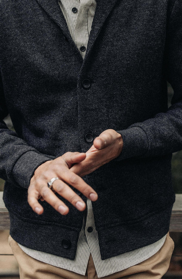 Editorial Panel: The Weekend Cardigan in Charcoal Herringbone Wool, Knits by Taylor Stitch