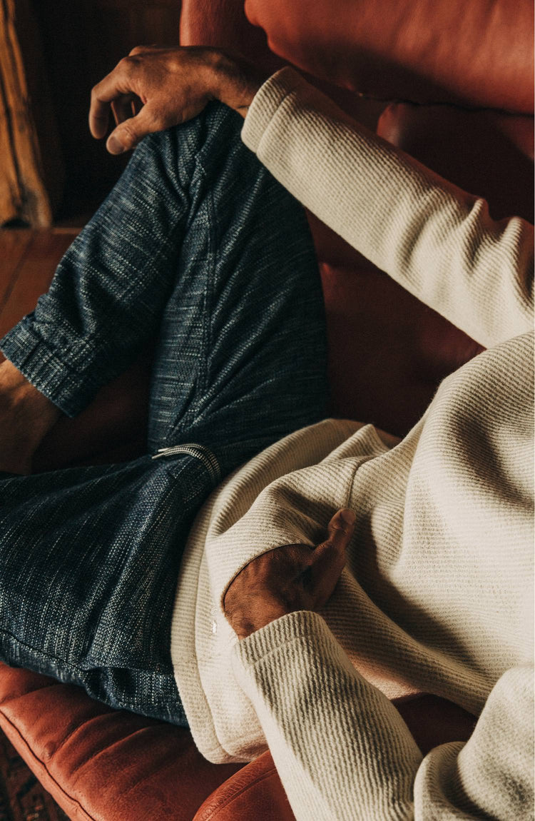 our fit model wearing the apres pants, cropped shot