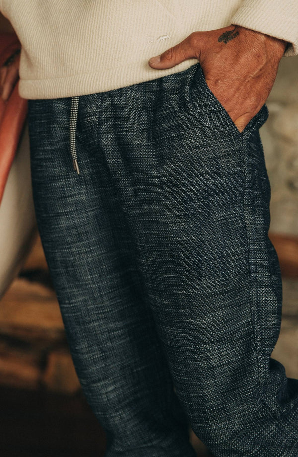 our fit model wearing the apres pants, cropped shot with text on the right
