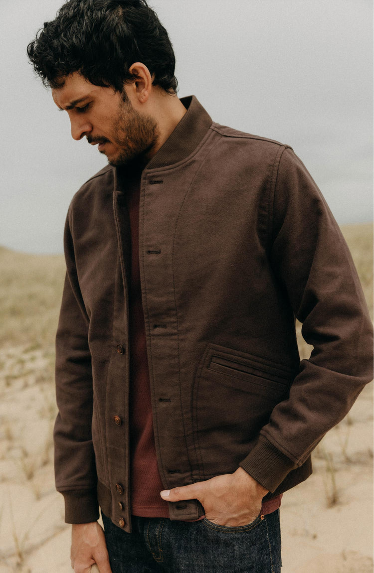 fit model posing in The Clark Bomber in Soil Moleskin