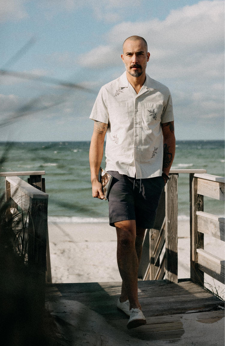fit model posing in The Conrad Shirt in Seaside Embroidery