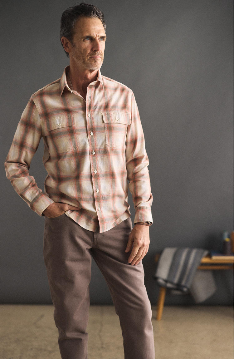 fit model posing in The Craftsman Shirt in Brick Shadow Plaid