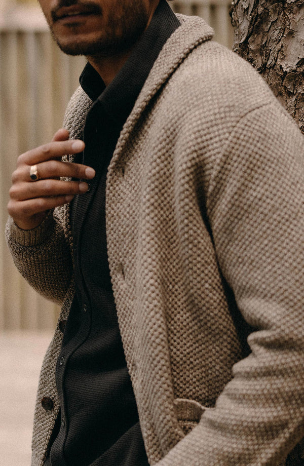 fit model showing off The Crawford Sweater in Coffee Twist