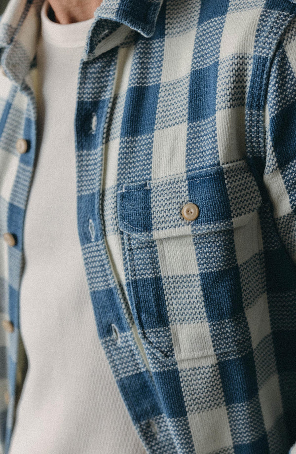 editorial image of the texture on The Division Shirt in Washed Indigo Check
