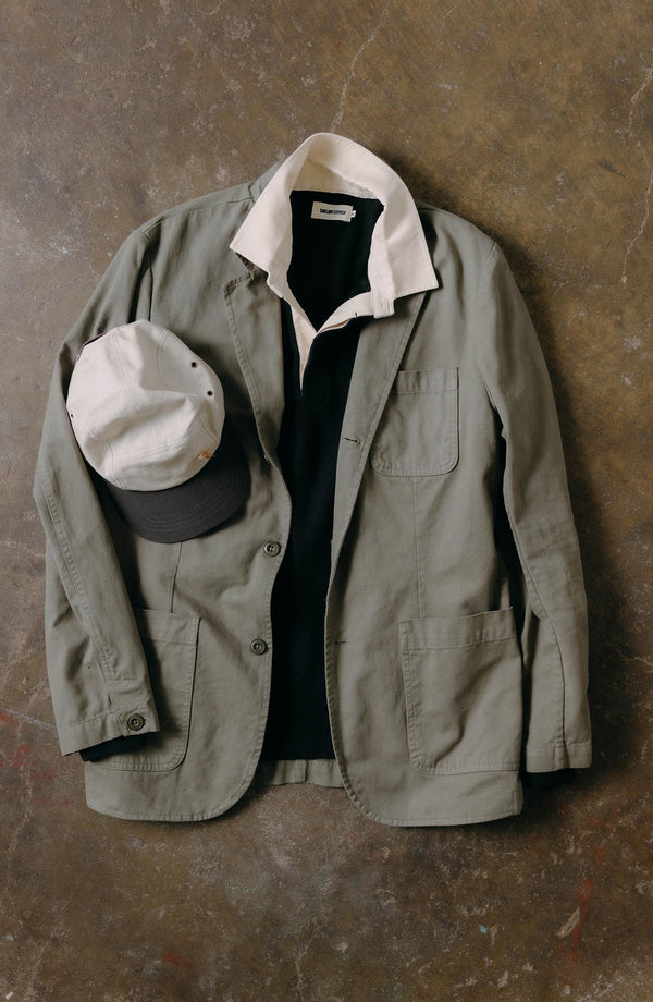 fit model showing off The Foundation Sportcoat in Organic Smoked Olive Twill