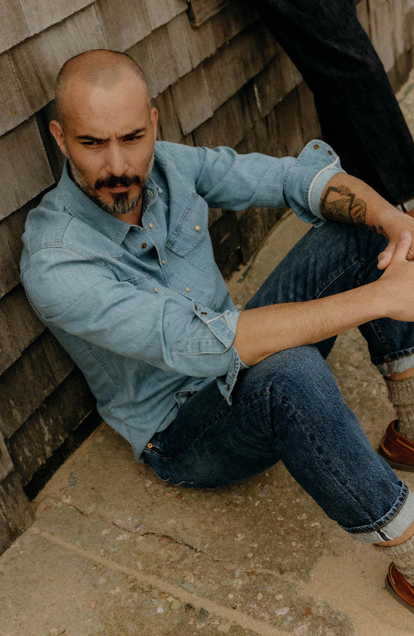 fit model showing off The Glacier Shirt in Washed Indigo Denim