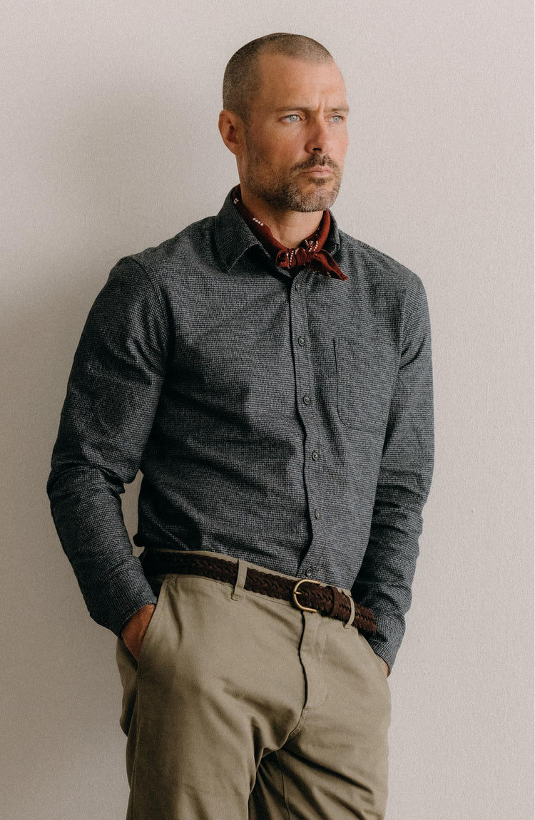 Our model wearing The Jack in Dark Navy Houndstooth