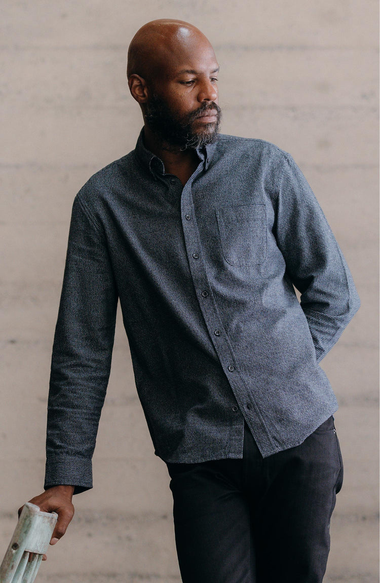 Our model wearing The Jack in Dark Navy Houndstooth