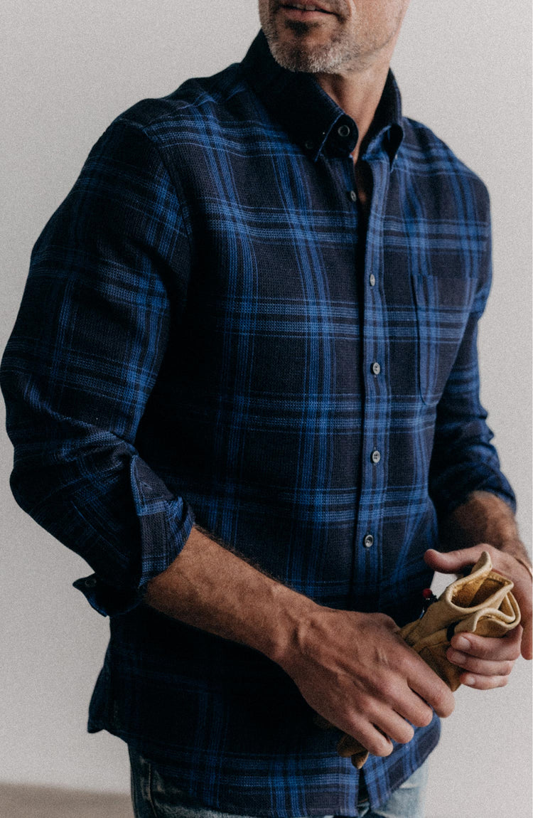 fit model posing in The Jack in Deep Indigo Plaid Waffle