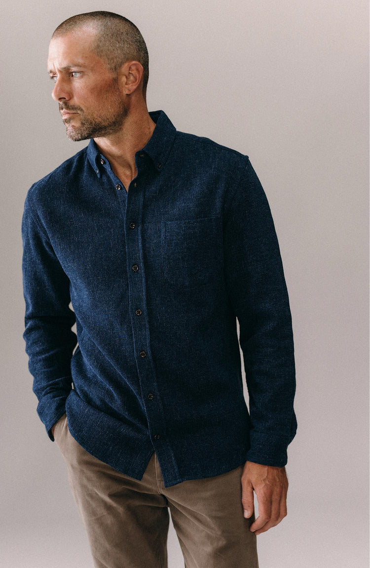 Model wearing The Jack in Indigo Waffle