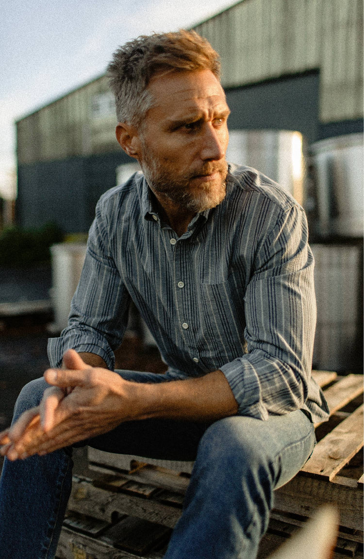Editorial Panel: The Jack in Sky Blue Chambray Stripe, Wovens by Taylor Stitch
