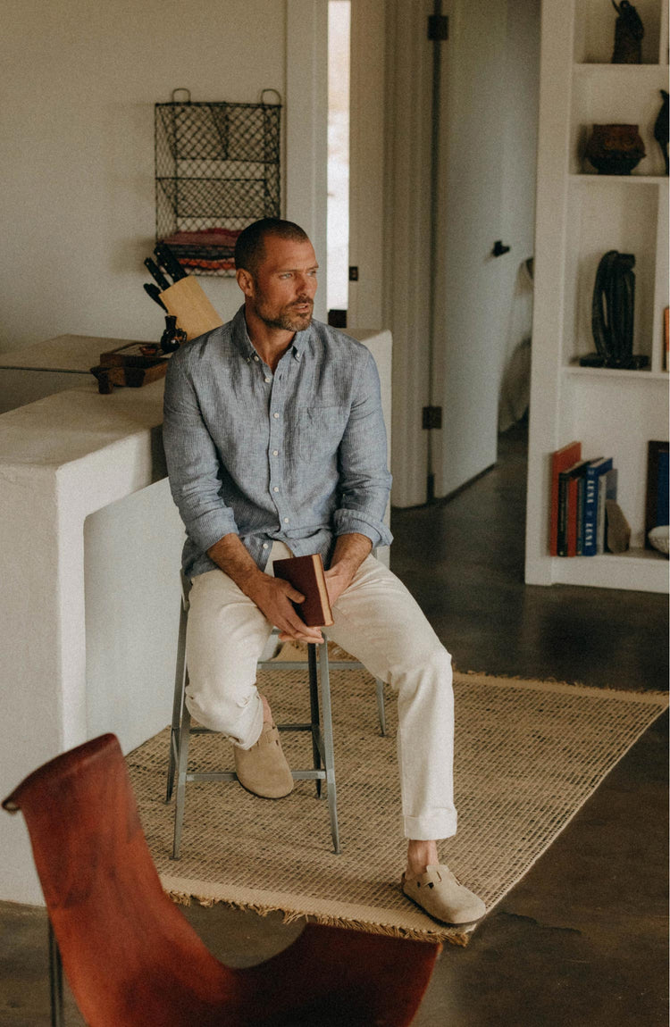 fit model posing in The Jack in Sky Stripe Linen