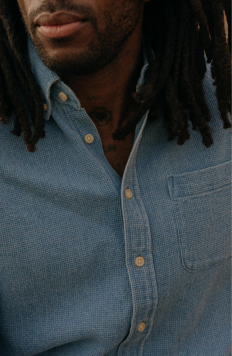 fit model posing in The Jack in Washed Indigo Waffle