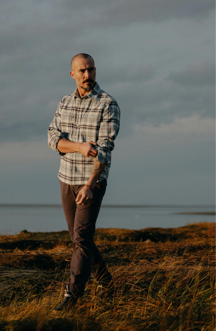 fit model wearing The Ledge Shirt in Faded Blue Plaid