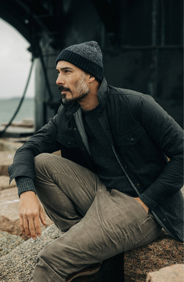 fit model wearing The Lined Maritime Shirt Jacket in Coal