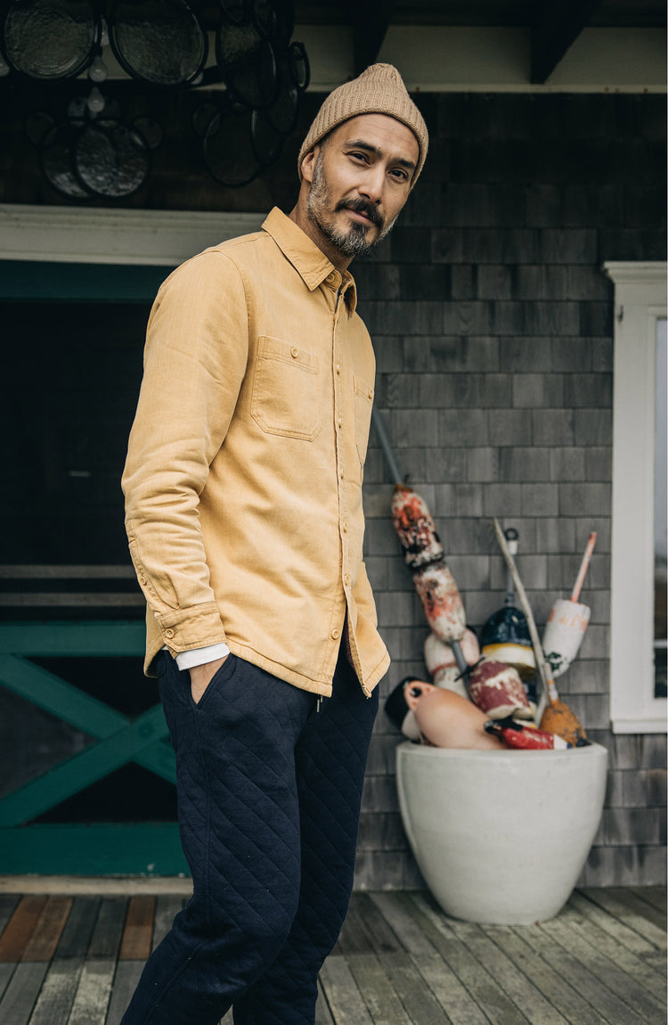 model wearing The Lined Utility Shirt in Wheat Denim