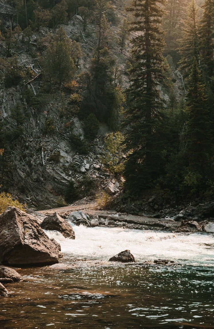 our guy in the mountains wearing the lodge—with text overlaying
