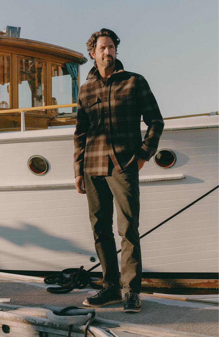 fit model in The Maritime Shirt Jacket in Burgundy Plaid
