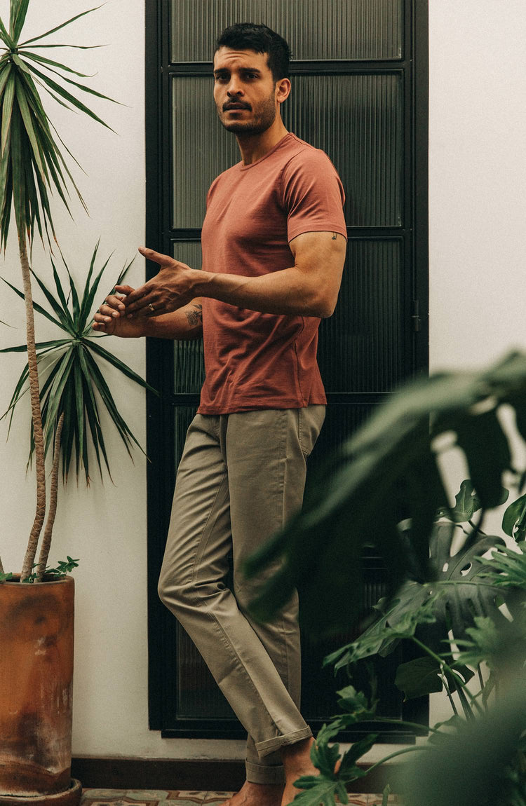 our guy rocking the merino tee in mexico—with text overlaying