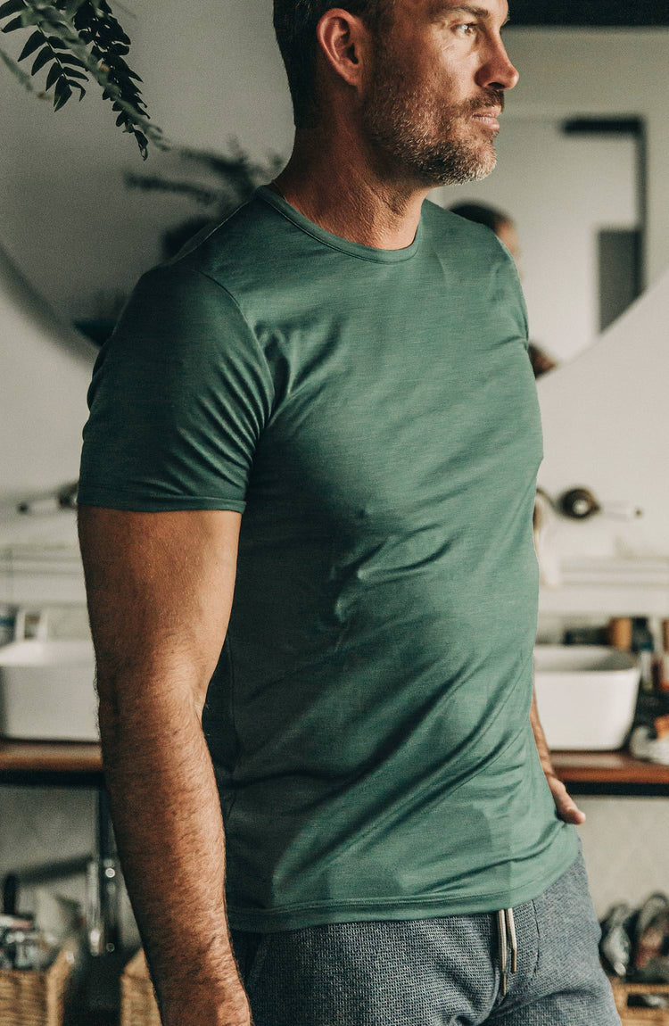 our guy rocking the merino tee indoors, in mexico—split shot