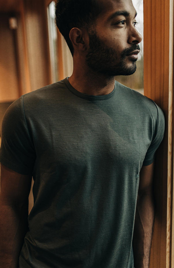 Editorial Panel: The Merino Tee in Dark Slate, Knits by Taylor Stitch