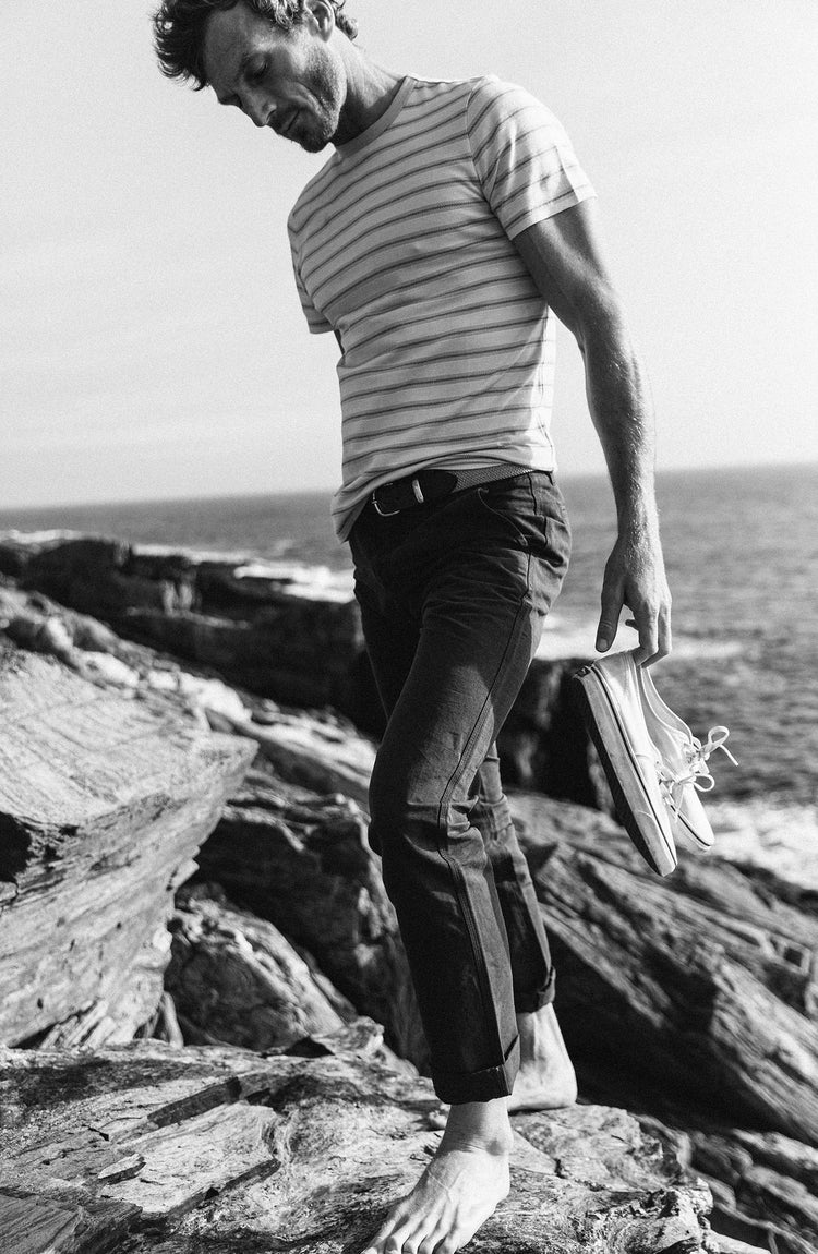 our guy wearing the morse—outside, near the coast in maine—split shot with two photos