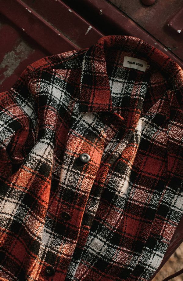 Flatlay shot of The Ojai Jacket in Garnet Plaid Wool