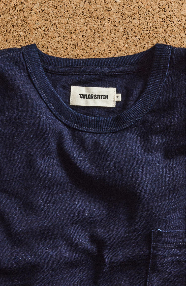 editorial image of the collar on The Organic Cotton Tee in Rinsed Indigo