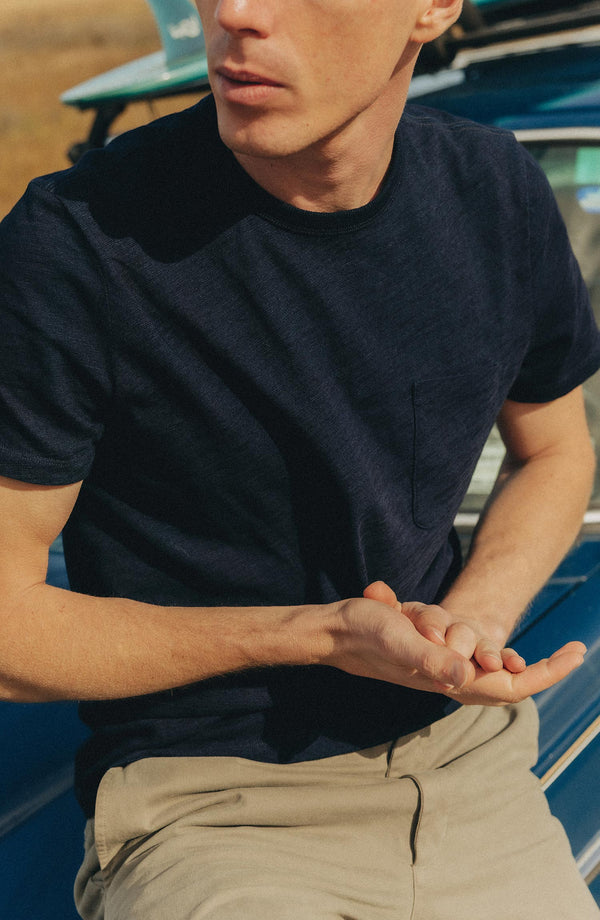 editorial flatlay of The Slub Tee in Rinsed Indigo