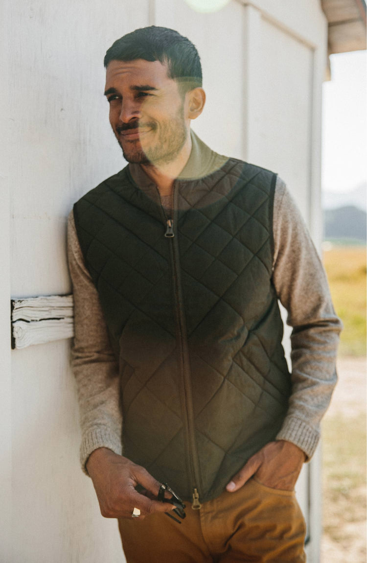 Editorial Panel: The Quilted Bomber Vest in Olive Dry Wax, Outerwear by Taylor Stitch