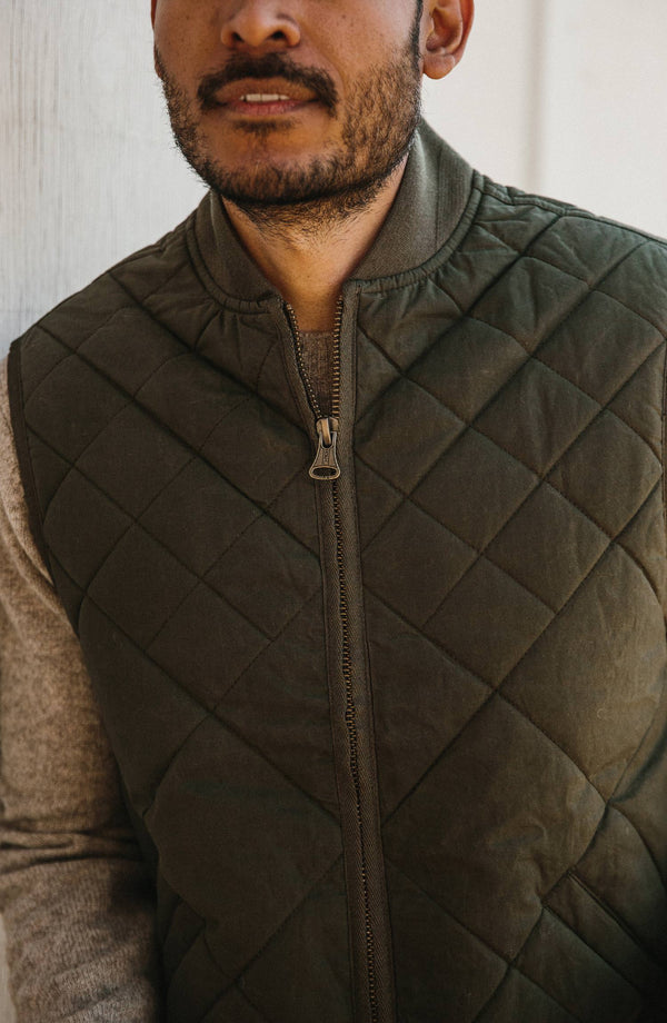 Editorial Panel: The Quilted Bomber Vest in Olive Dry Wax, Outerwear by Taylor Stitch
