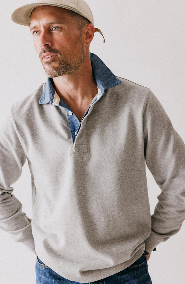 fit model posing in The Rugby Shirt in Heather Grey