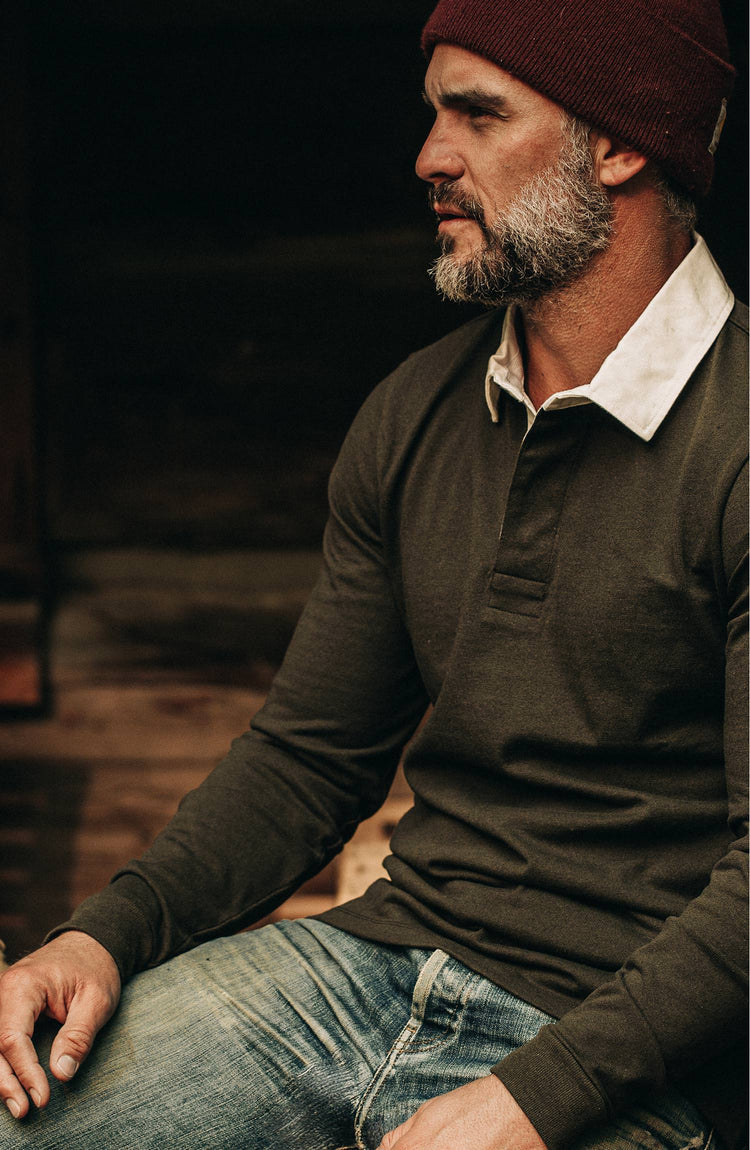 our fit model wearing the reugby shirt, in montana