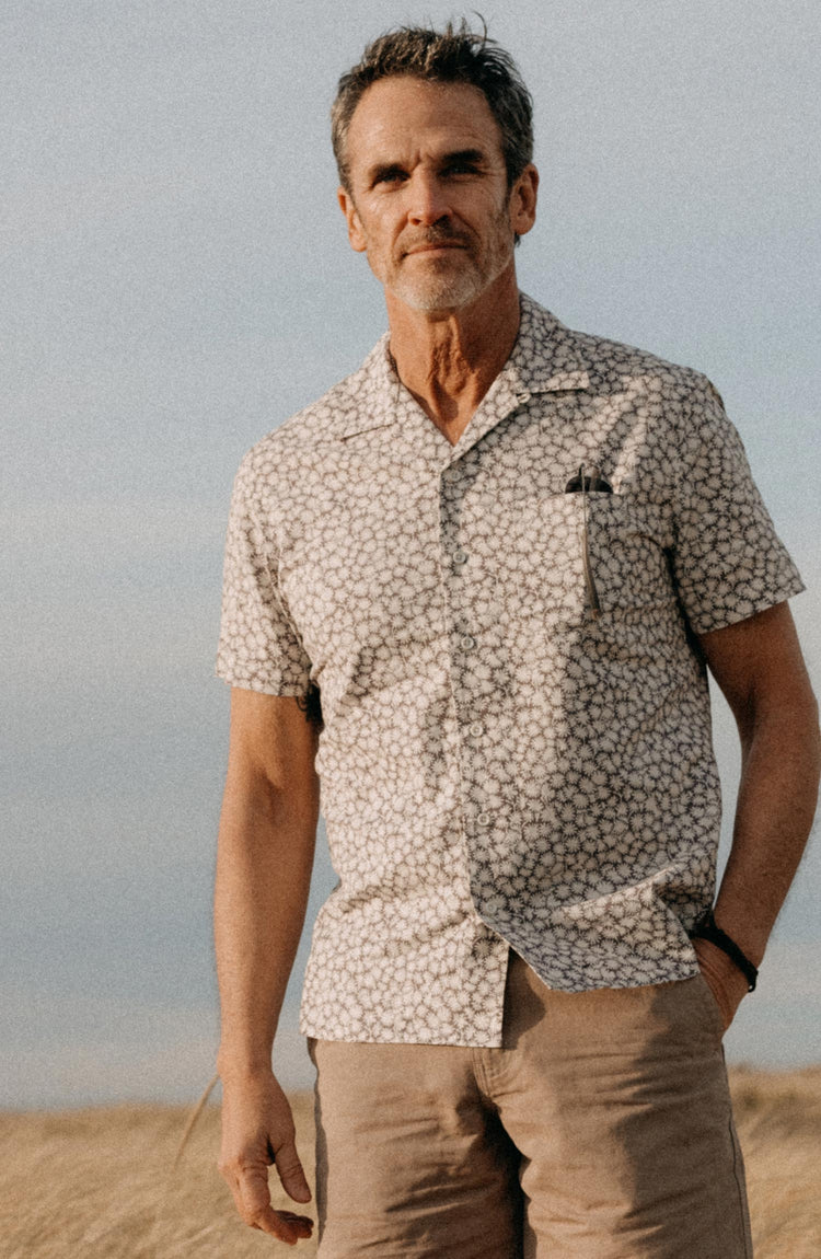 The Short Sleeve Hawthorne in Fig Floral editorial shot—collection with text overlaying