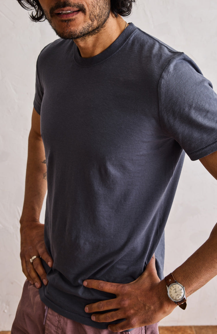 our Cotton Hemp tee in navy–shot of collar and sleeve