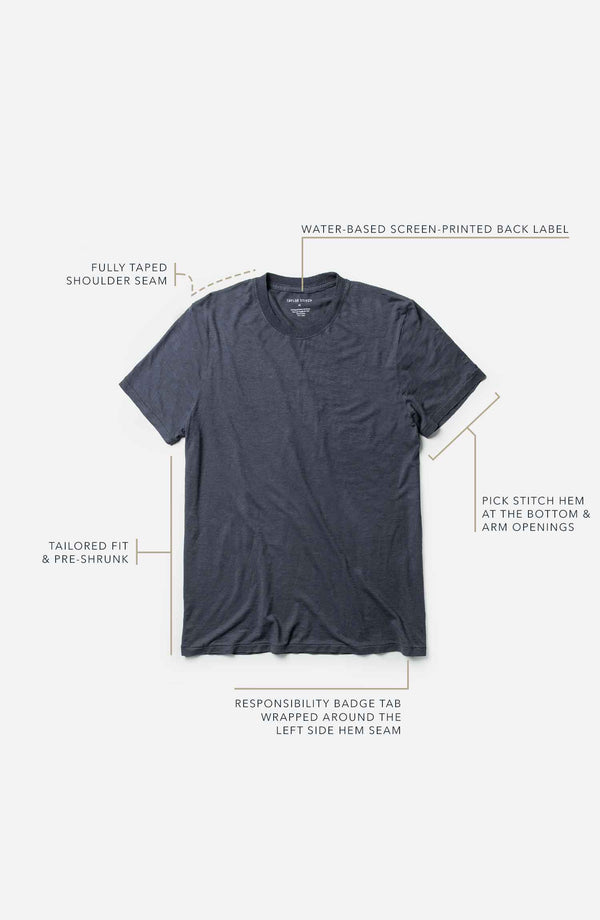 our Cotton Hemp tee in navy–specs design