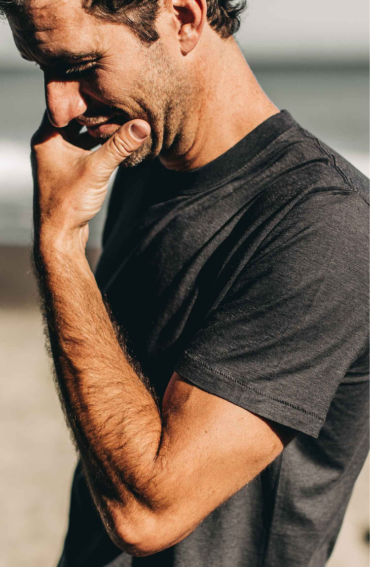 our cotton hemp tee in navy–shot of collar and sleeve