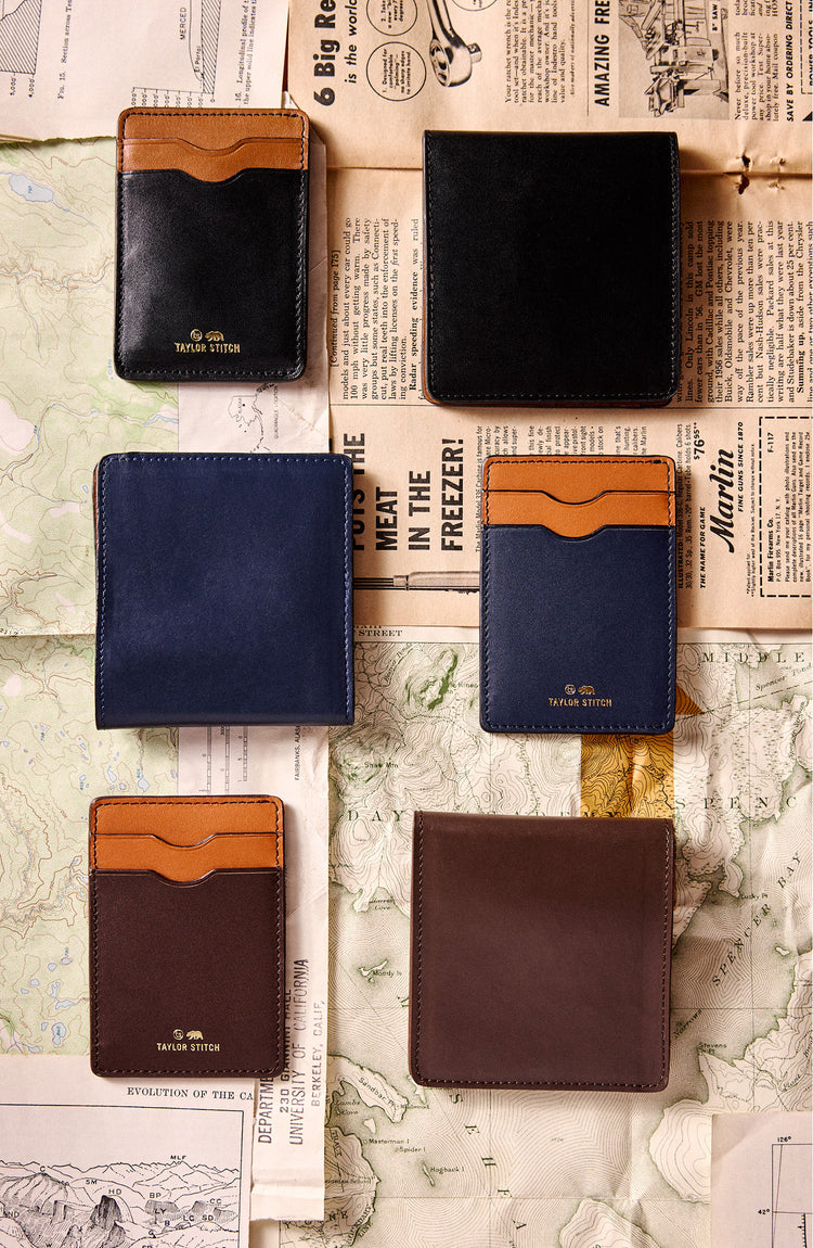 editorial image of various wallets for The Minimalist Billfold Wallet in Brown