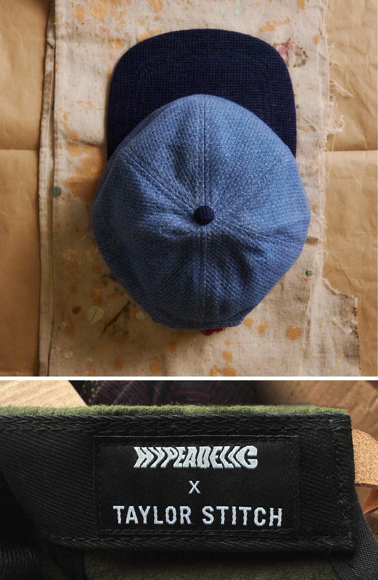 An indigo sashiko cap from the Hypeadelic for Taylor Stitch collection