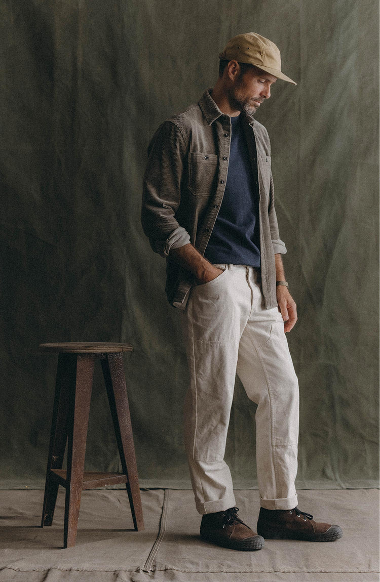 fit model posing in The Utility Shirt in Fatigue Olive Corduroy