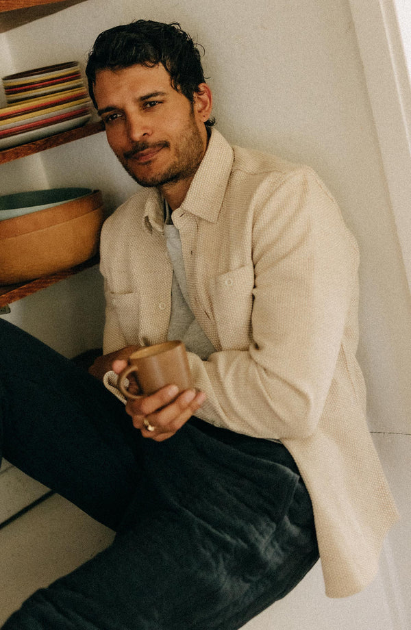 fit model showing off the texture on The Utility Shirt in Natural Sashiko