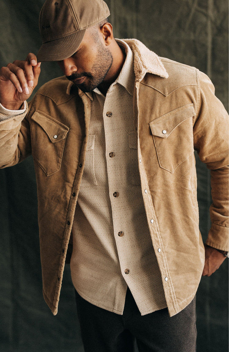 Model in The Western Shirt Jacket in Dark Khaki Corduroy