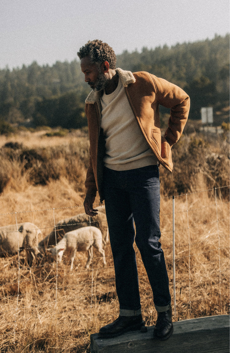 Model inThe Wright Jacket in Camel Shearling Leather