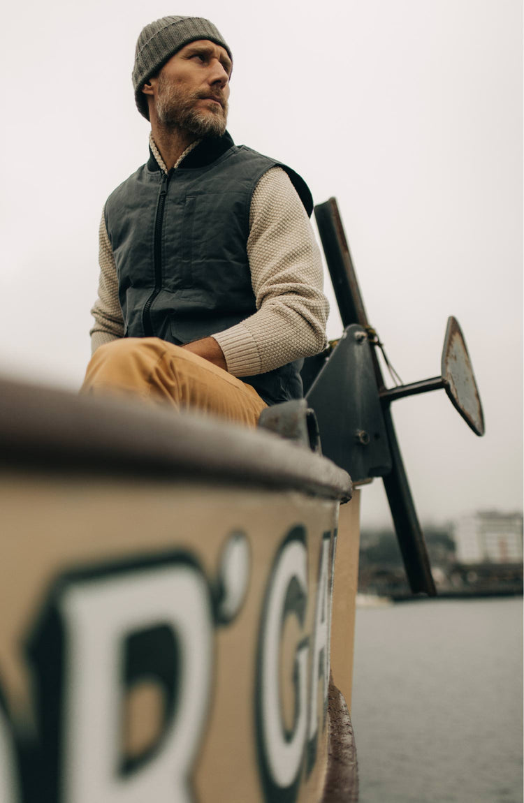 Editorial Panel: The Anchorage Vest in Charcoal Dry Wax, Outerwear by Taylor Stitch