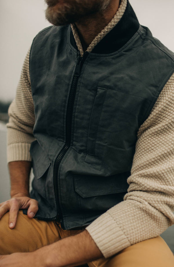 Editorial Panel: The Anchorage Vest in Charcoal Dry Wax, Outerwear by Taylor Stitch