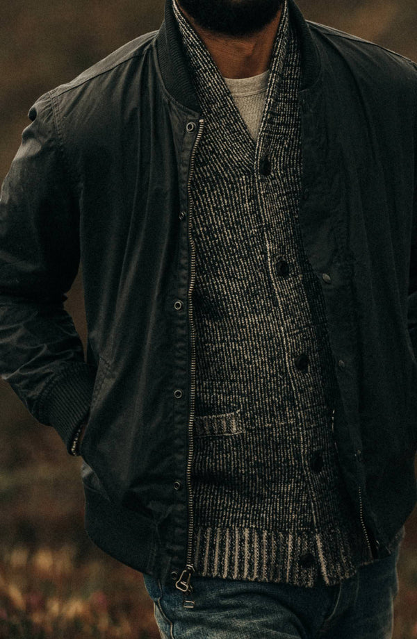 our fit model wearing the bomber—split shot with two images