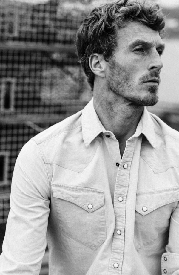 our fit model wearing the western, cropped shot with text on the right