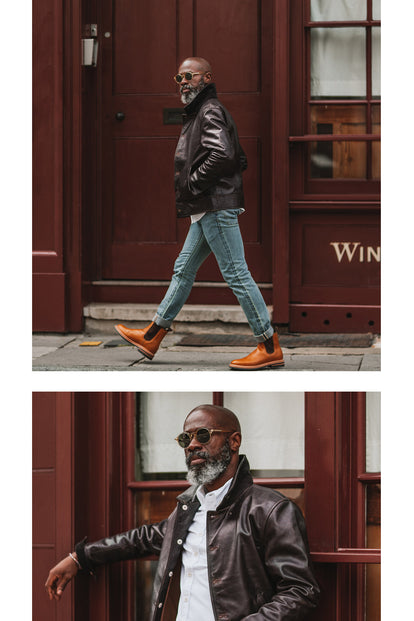 Dual photo image, both featuring Efe in leather jacket and jeans, shot against a maroon-painted building.