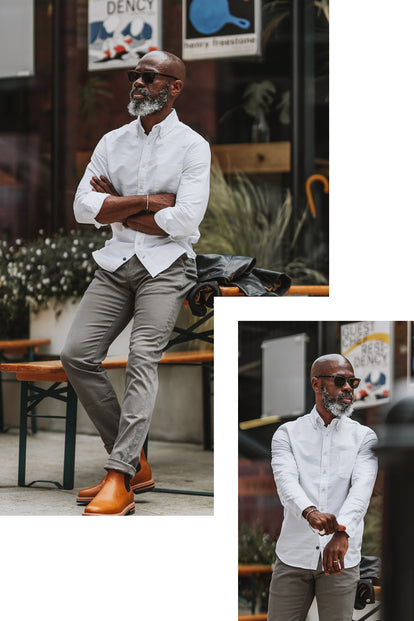 Photo inset within photo, both featuring Efe wearing a white shirt, grey trousers and Oxford boots.