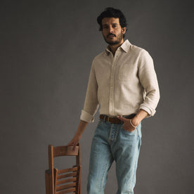 fit model in The California in Oat Heather Double Cloth